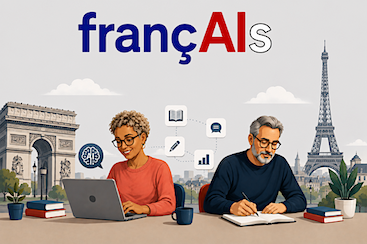 Deux personnes apprennent le français avec françAIs devant Paris